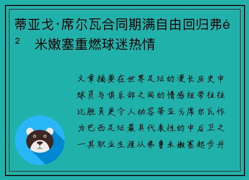 蒂亚戈·席尔瓦合同期满自由回归弗鲁米嫩塞重燃球迷热情
