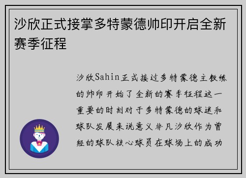 沙欣正式接掌多特蒙德帅印开启全新赛季征程